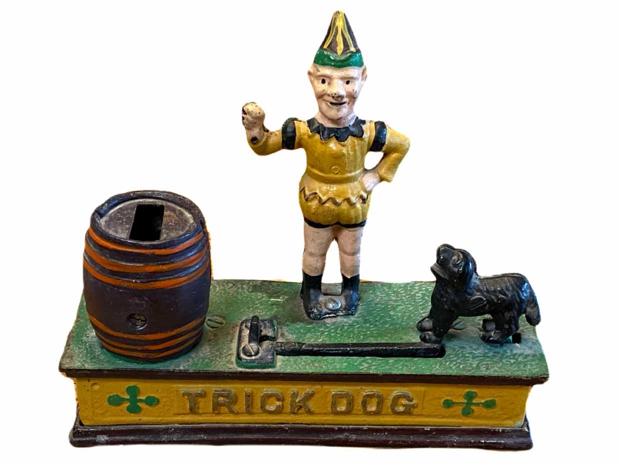 Antique Cast Iron Trick Dog Circus Clown Mechanical Coin Bank made in