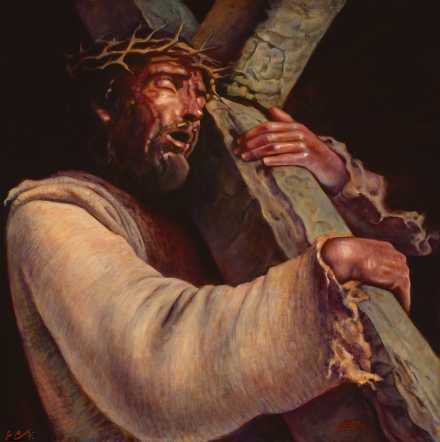Passion Painting Jesus Carrying His Cross Signed By Actor Jim Dgalieote Jc Jesuscarryinghiscross Jc 36x36 Oil2 0