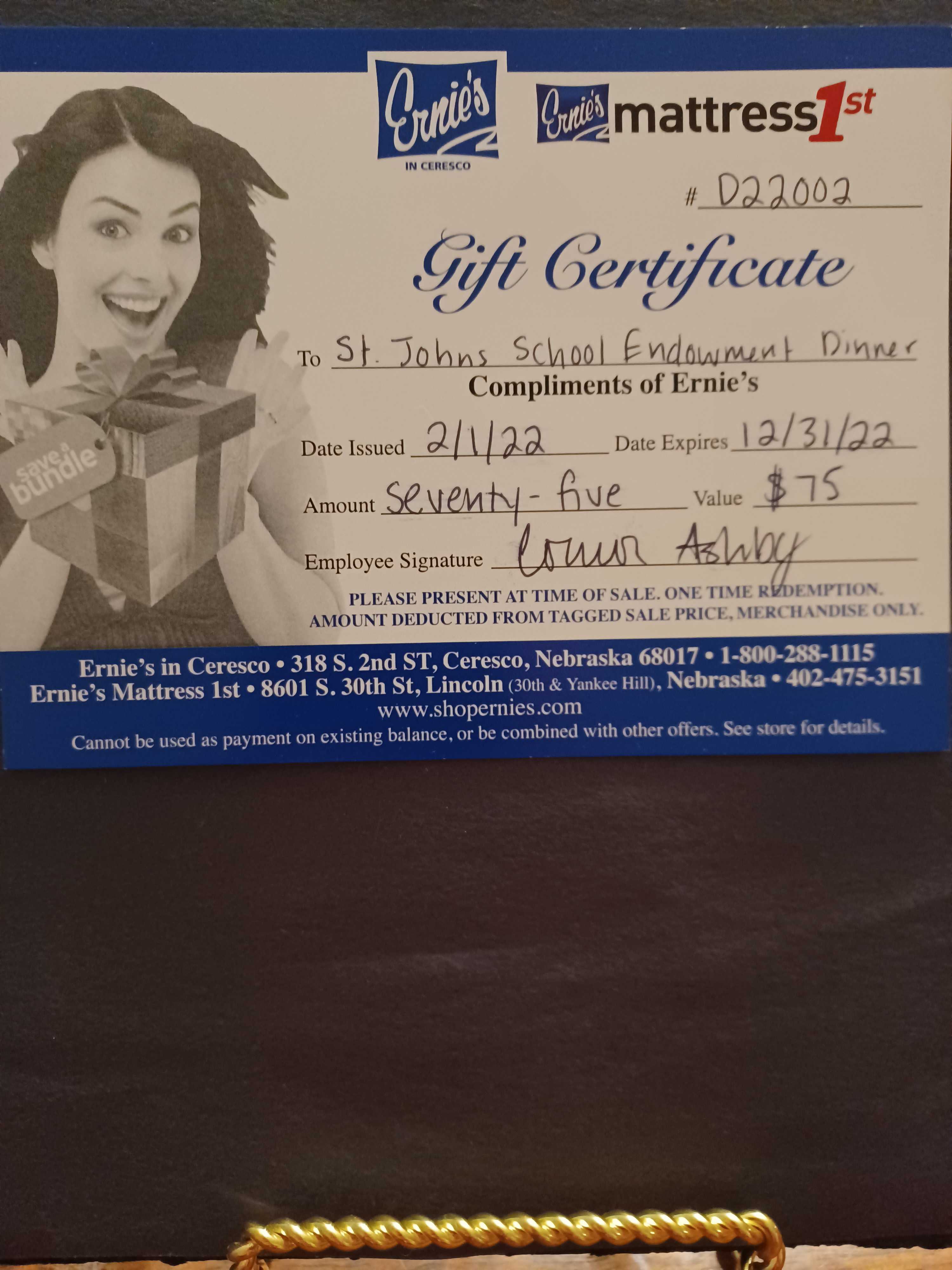 75 Ernie's in Ceresco Gift Certificate AirAuctioneer
