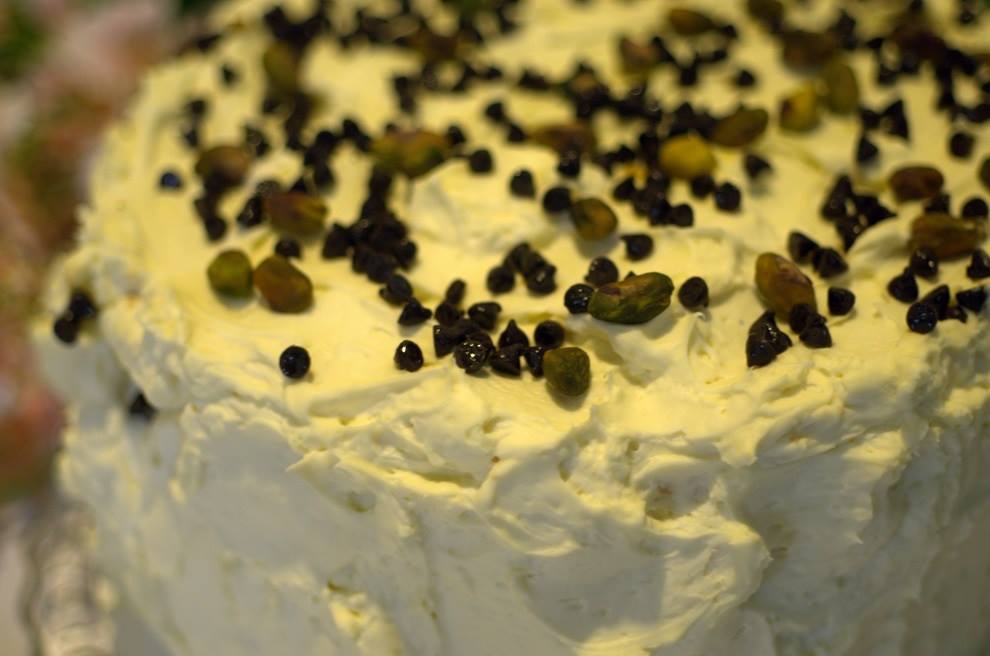 "Cannoli Cake with Chocolate Chips and Pistachios" Baked by Baker