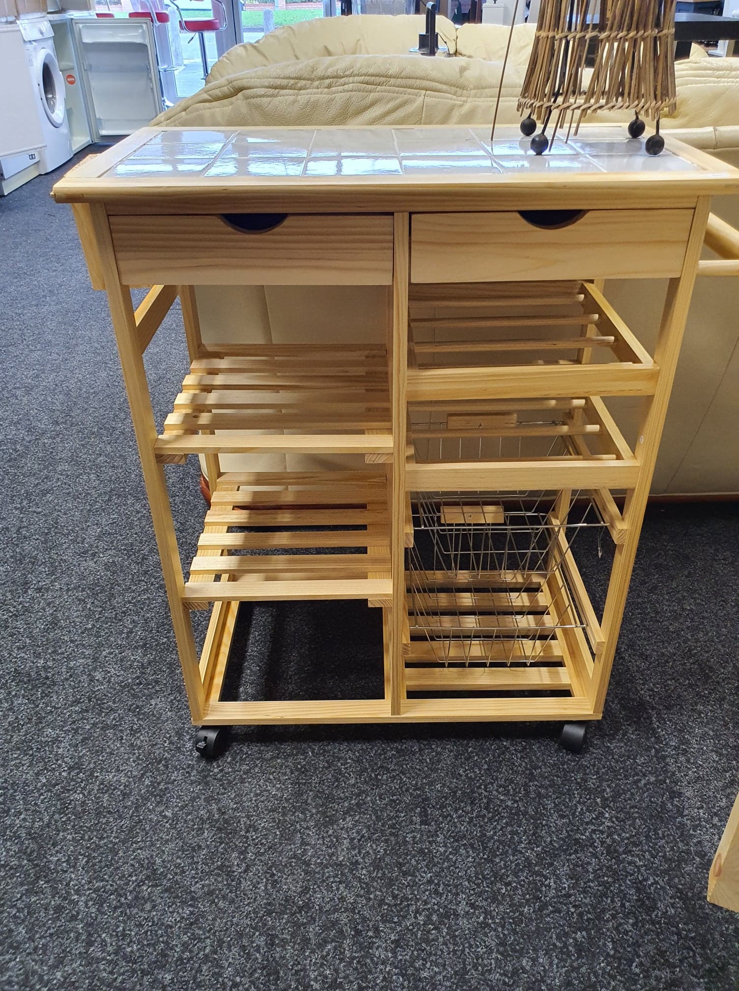 Pine Tile Top Kitchen Trolley AirAuctioneer